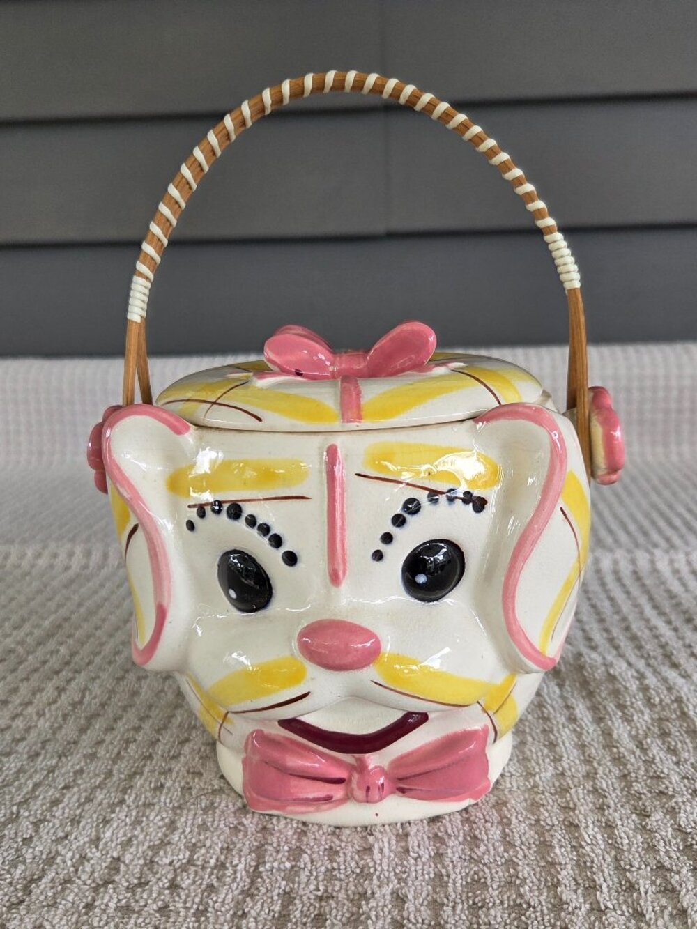 Royal Sealy Puppy Dog Cookie Jar with Lid Rattan Handle 1950s Kitschy MCM